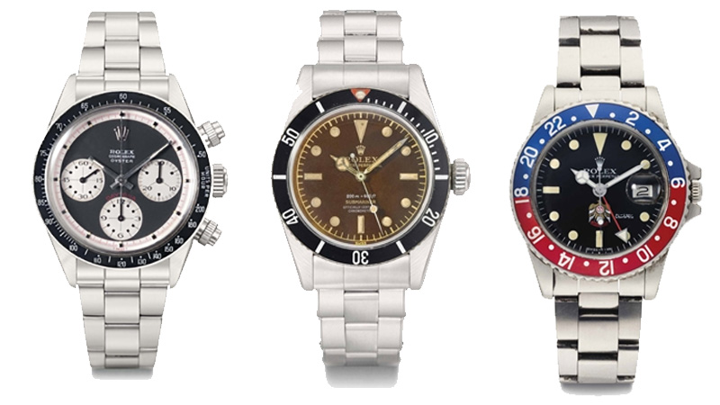 À gauche: Rolex, Cosmograph, Oyster, Daytona, ref. 6263/6239, Paul Newman, adjugée 913 000 euros en 2013 chez Christie's Au centre: Rolex, Oyster Perpetual, Submariner, ref. 6538, case no. 449'170, circa 1959, adjugée 480 000 euros en 2013 chez Christie's Rolex, Oyster Perpetual, GMT-Master, Ref. 1675, Case No. 5'159'297, Circa 1977, adjugée 86 000 euros en 2015 chez Christie's