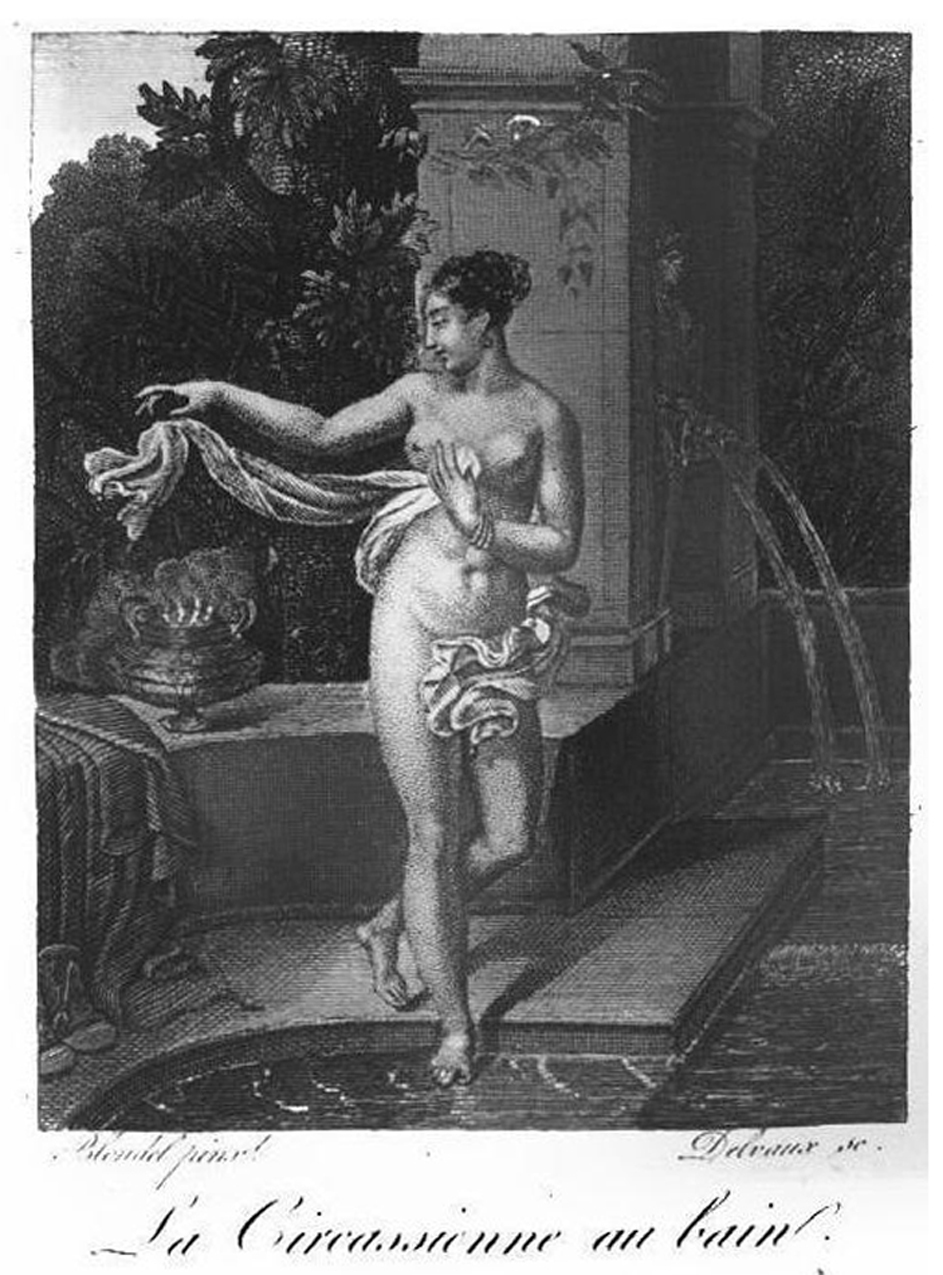La Circassienne au bain, gravure nº2, Almanach des Dames de l’An 1823, page 8, image via Wiki Commons