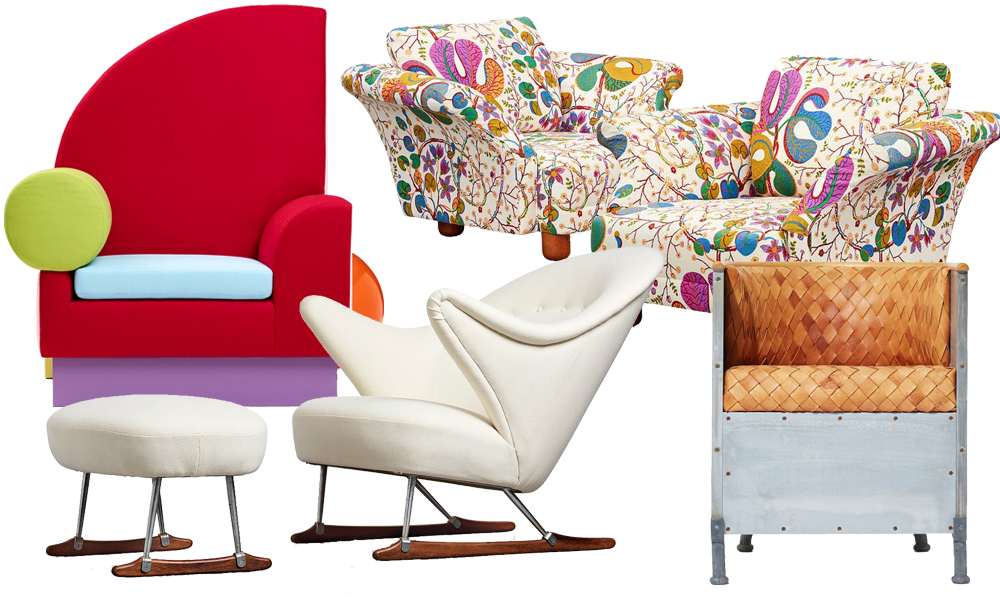 1. Peter Shire, "Bel Air" Memphis, 36 000 kronor 2. Josef Frank, fåtöljer "Liljevalchs", 50 000 kronor 3. Børge Mogensen, fåtölj med fotpall, "modell 160", 680 000 kronor 4. Mats Theselius, ”Aluminiumfåtölj”, 40 000 kronor