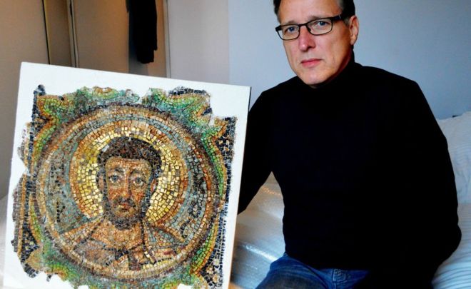 Arthur Brand with the recovered Byzantine mosaic. Image: BBC