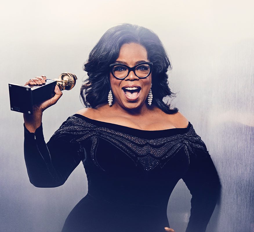 Oprah Winfrey på Golden Globe Awards 2018, klädd i svart i protest mot sexuella övergrepp och ett par sprakande diamantörhängen. Foto: Ramona Rosales