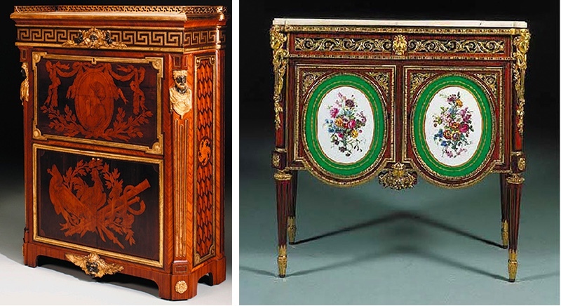 Gauche : JH Riesener / J. F. Oeben, secrétaire, vers 1763-1768, image ©Christie’s / Droite : M. Carlin, commode avec un décor de porcelaine de Sèvres, 1776, image ©Christie