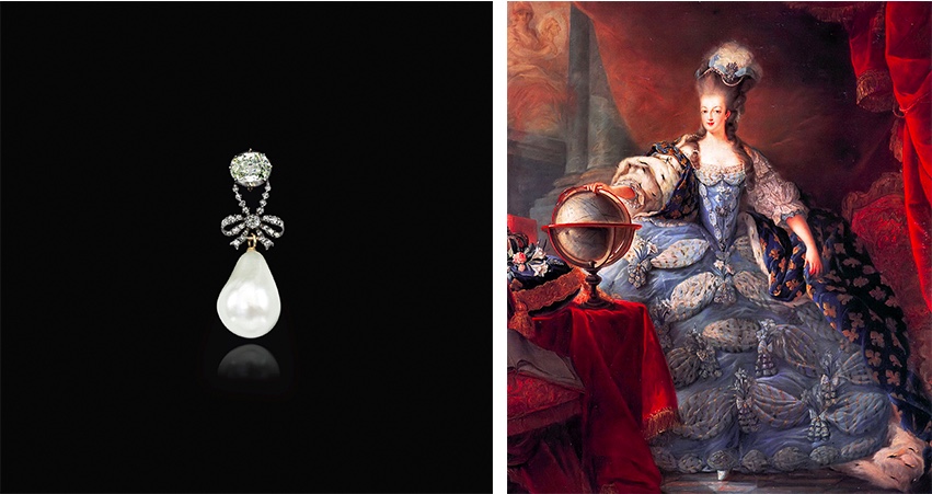 Links: Anhänger mit Diamanten und großer Perle. Erzielter Preis: 36.427.000 CHF (Foto: ©Sotheby's) Rechts: Jean-Baptiste André Gautier-Dagoty, Marie Antoinette, 1775 (Château de Versailles)