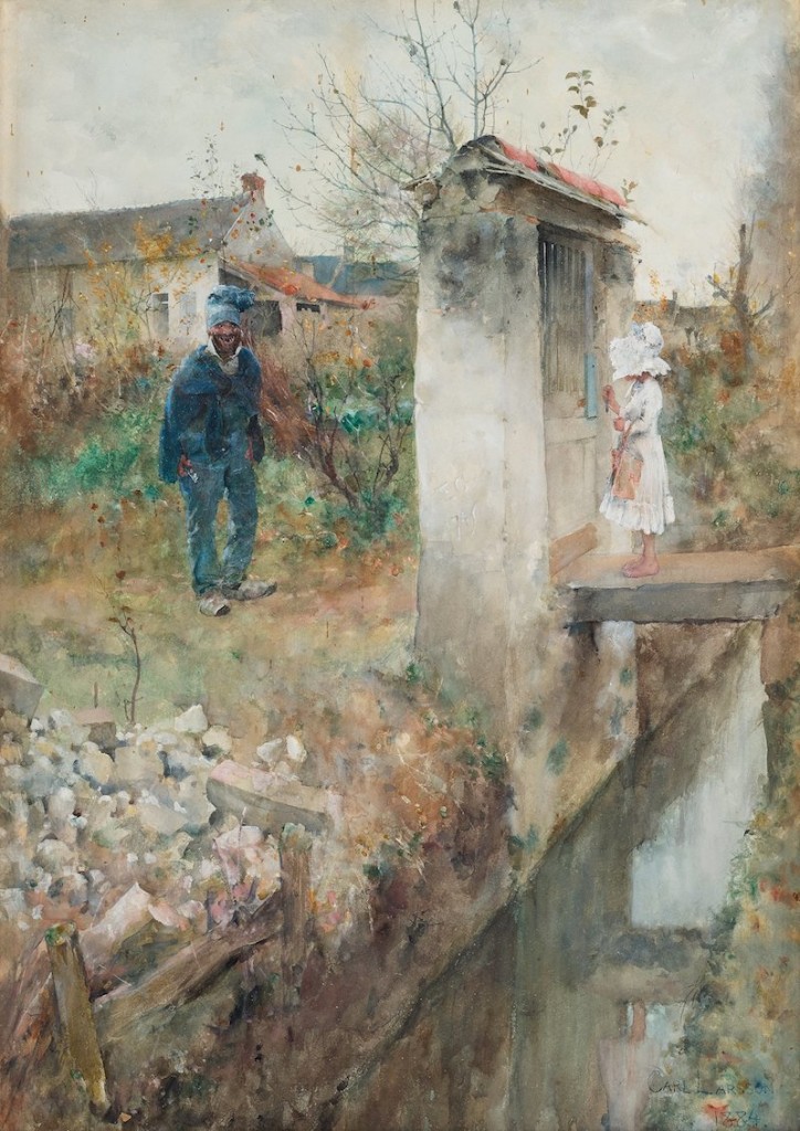 Målningen "I Montcourt" är signerad Carl Larsson och daterad 1884. Målningen är utförd i akvarell med täckvitt och sålde senast på auktion 1986