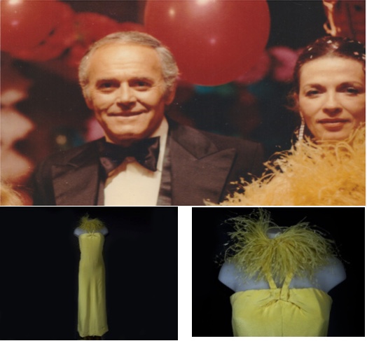 Oben: Foto von Anastasia Bavdaz Polacco und Henry Fonda am Filmset von "Die Rivalin", 1973 Unten: Das gelbe Seidenkleid mit Marabu-Boa aus dem Film