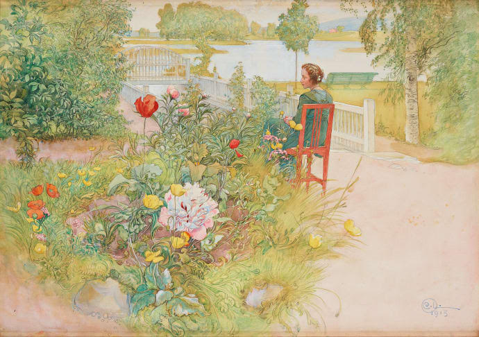 Carl Larssons "Sommar i Sundborn / Flicka i trädgård" auktioneras ut 4-5 maj på Bukowskis. Akvarellen ropas ut för 3 000 000 - 3 500 000 kr. Foto: Bukowskis.