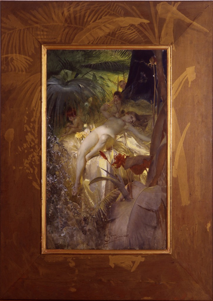 Kärleksnymf målades 1884 i Madrid och ägs idag av Nationalmuseum. År 1885 målade Zorn en annan version av motivet i London (bilden ovan). Denna såldes hos Stockholms Auktionsverk 2011 för 7 miljoner kronor. Bild Zornmuseet.