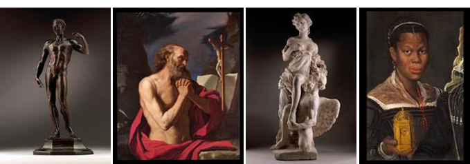 Från vänster; Giambologna (1529-1608) Julius Caesar, ca 1551. Signerad. En nyupptäckt studie av Giovanni Francesco Barbieri (1591-1666), föreställande ängeln Jerome. En magnifik skulpturgrupp föreställande den romerska guden Saturnus och hans hustru Ops, skapad av den tyska barockskulptören Paul Heermann. Annibale Carracci (1560-1609). Porträtt av en afrikansk kvinna hållandes en klocka, ca 1583-85.