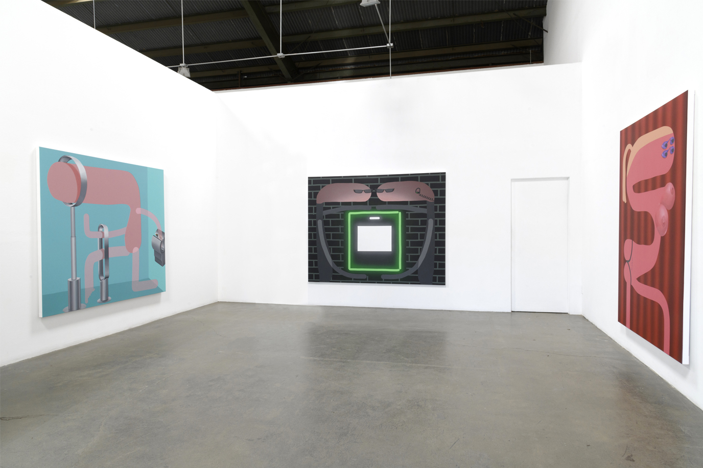 Oli Epp, « The Germaphobe », « Security Theft » et « 10 Minutes (sunbed) », 2019, huile, acrylique et peinture en aérosol sur toile, exposition « Contactless » à la galerie Richard Heller, image publiée avec la permission de l’artiste et de la galerie Richard Heller