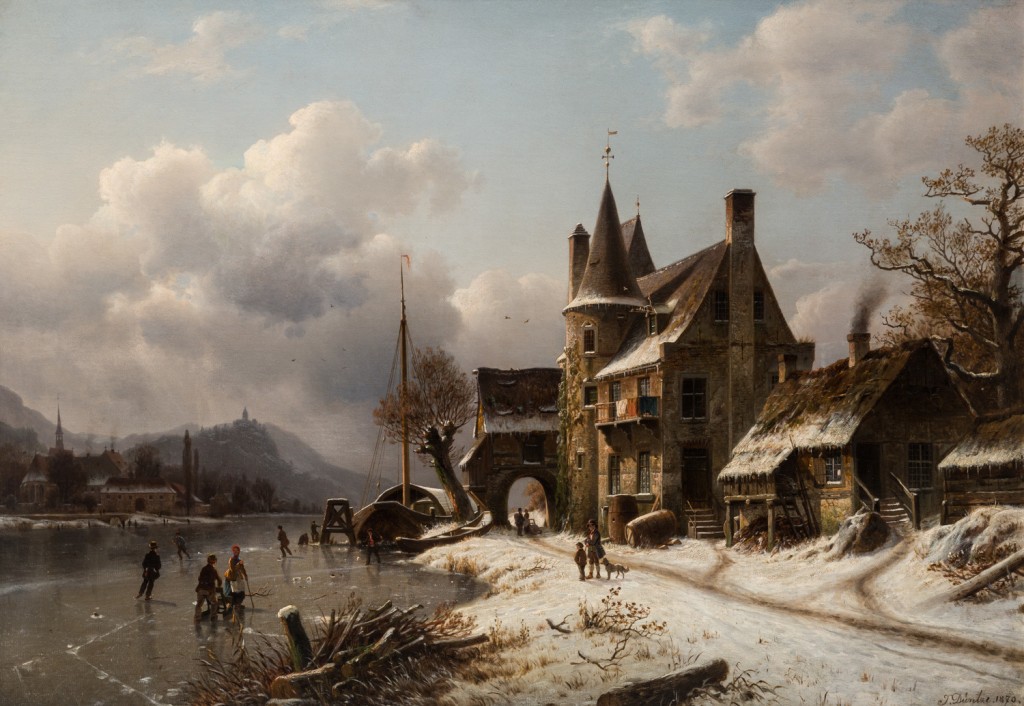 Lotto 49 Duntze Johannes Bartholomaus Duntze (Germania 1825-1895) "Scena invernale con pattinatori su un canale ghiacciato". Stima $ 8.000-12.000