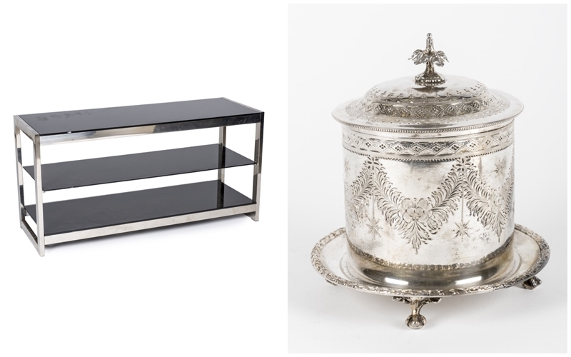 Left: Low shelf in chromed metal and glass (80's). Photo via: Goya Auctions. Right: Photo via: Goya Auctions.