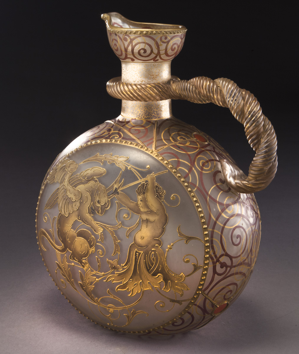 Mount Washington Royal Flemish rope twist handle ewer decorated with a medallion of St. George