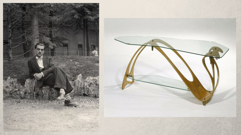 Links: Carlo Mollino | Foto via leroi.torino.it | Rechts: Couchtisch von Carlo Mollino (1949) im Brooklyn Museum