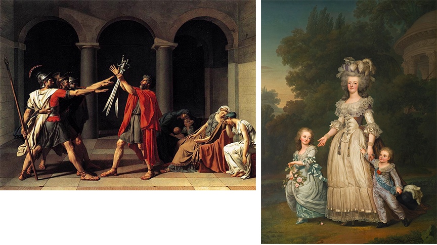 Links: Jacques-Louis David, Der Schwur der Horatier, 1784 | Abb. via Wikipedia Rechts: Adolf Ulrik Wertmüller, Marie Antoinette und ihre Kinder, 1785 | Abb. via Wikipedia
