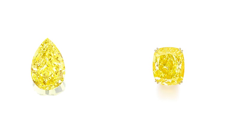 Links: The Sun-Drop Diamond (Foto: Sotheby's) Rechts: Der Diamant im Kissenschliff ist der derzeit teuerste gelbe Diamant in einer Auktion (Foto: Sotheby's)