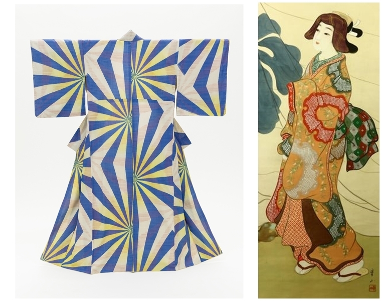 Links: Kimono der Shōwa-Zeit (um 1940) | Foto via Wort Through || Rechts: Kaizan, Beauty under Sakura Tree, Shōwa-Zeit (ca. 1930-40) | Foto via Catawiki