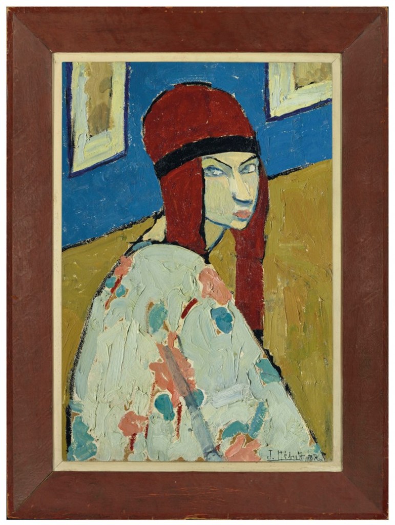 Das Selbstpotrait, dass Jeanne um 1917 von sich malte, wird am 18. Oktober bei Christie's in Paris versteigert. Jeanne hat sich mit den für sie typischen dicken Zöpfen dargestellt und trägt einen damals hochmodernen Kimono | Abb.: Christie's