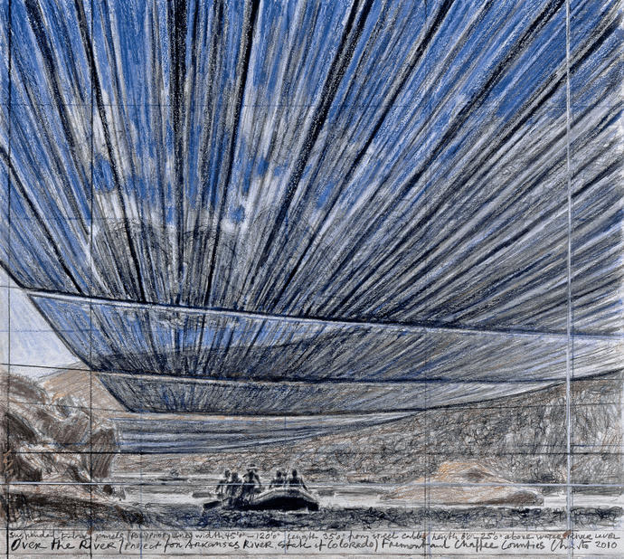 Christo, Over The River (Project for Arkansas River, State of Colorado) Dessin 2010, 35.2 x 38.7 cm Pencil, pastel, charcoal and wax crayon Photo: André Grossmann © 2010 Christo