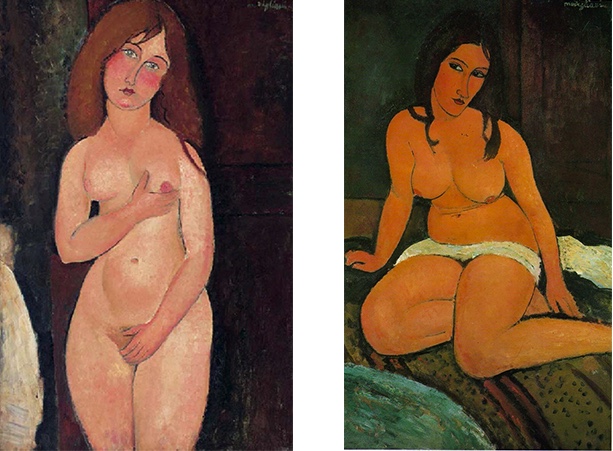 Links: Amedeo Modigliani, Vénus (Nu debout, nu médicis), 1917 | Abb. via Christie's Rechts: Amedeo Modigliani, Nu assis, 1917 | Abb. via Royal Museum of Fine Arts Antwerp