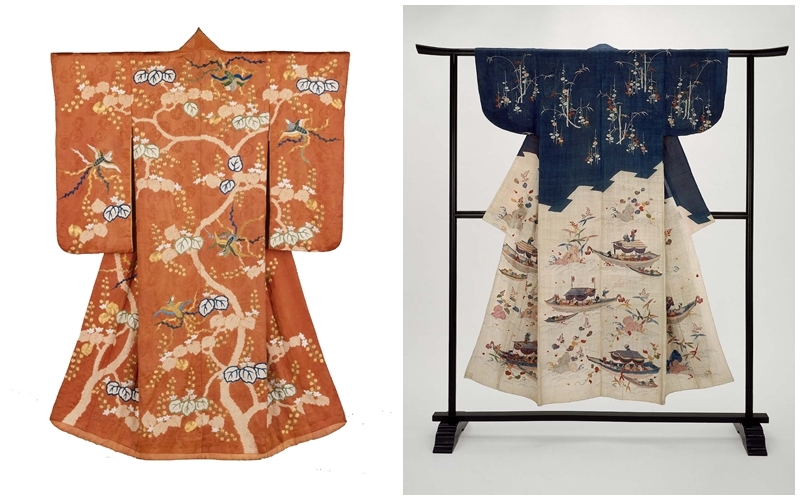 Links: Kimono der Edo-Zeit gefärbt mit der Kanoko-Shibori-Technik | Foto via Pinterest || Rechts: Kimono der Edo-Zeit | Foto via Boston Museum of Fine Arts