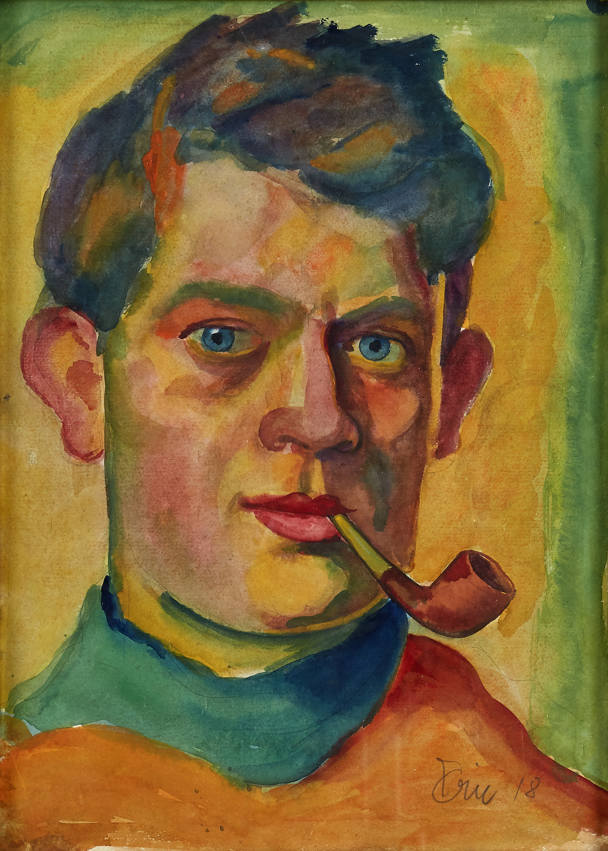 Självporträtt med pipa, akvarell, 1918. Bild: Uppsala Auktionskammare