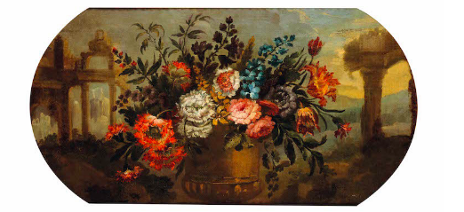 Nature morte avec vase extérieur entre architectures, attribué à Michele Antonio Rapous (Turin 1733-1819)
