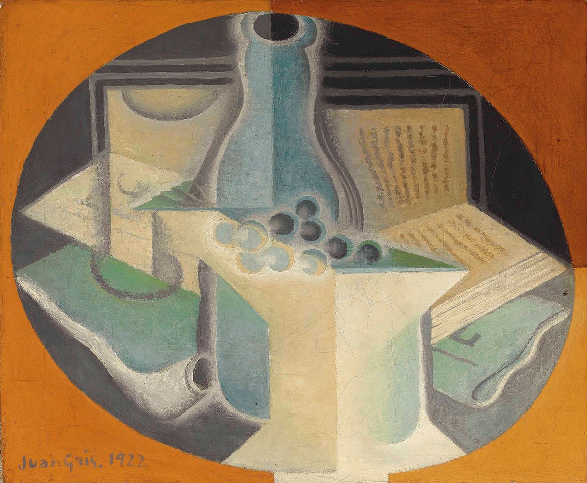 JUAN GRIS. Raisins, carafe et livre (1923). Imagen vía: Christie’s