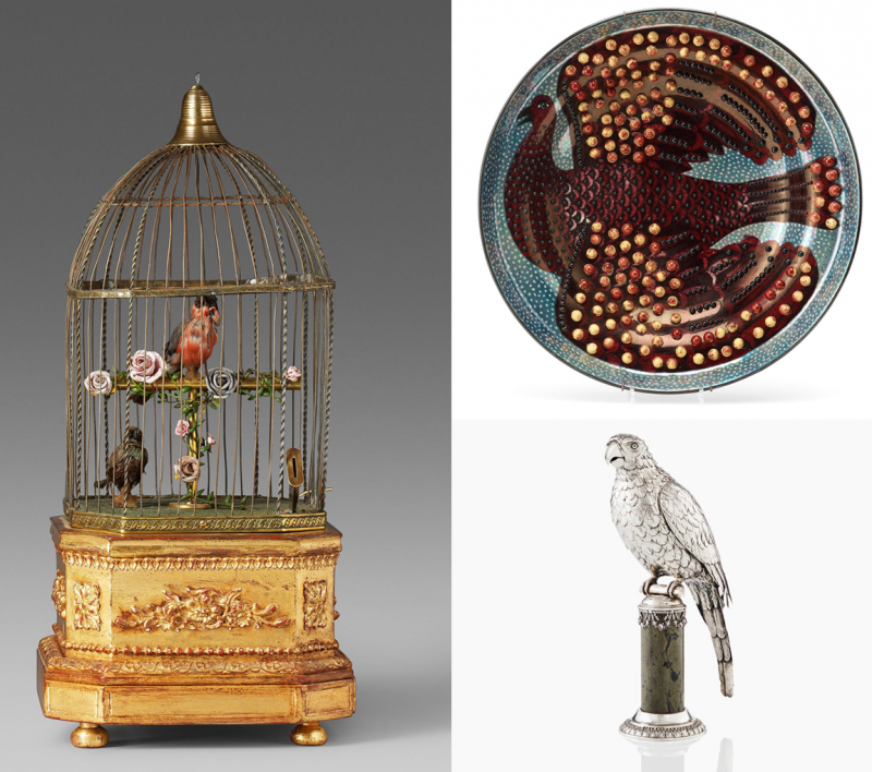 Links: Dieser mechanische Singvogelkäfig erzielte 2015 ca. 2.500 Euro. Oben: Teller von Birger Kaipiainen für Arabia. Unten: Das Schankgefäß Välkomma kostete 2017 ca. 3.900 Euro | Foto: Uppsala Auktionskammare und Bukowskis