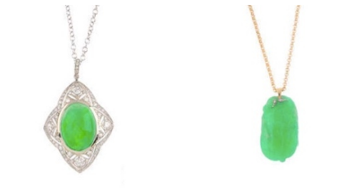 Gauche: Collier et pendentif diamant et jadeite Droite: pendentif en jade, feuille et oiseau sculpté