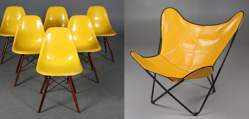 Links: Charles und Ray Eames für Herman Miller. 2011 verkauft für ca. 1.100 Euro Rechts: Bat-Sessel, gelber Vinylbezug, 1950er/60er Jahre | Fotos: Lauritz.com und Stadsauktion Sundsvall