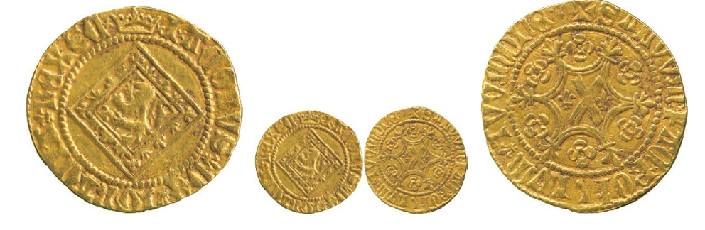 James I (1406-1437), Gold Demy of Nine-Shillings, Type II, Scottish lion rampant on lozenge, beaded circle surrounding, initial mark crown, saltire and fleur de lis stops both sides, xIxACOBVS+ DE+I GRACIA+ REX SCx, outer beaded circle surrounding both sides, rev die axis at 10 o’clock, St Andrew’s Cross bearing lis either side, I at centre, within fleured tressure of six arcs, voided quatrefoils in outer arcs, beaded circle surrounding, initial mark cross pattée, saltire stops, SALVVmx FACx PxOPVLVmx TVVM DnE+, 3.22g (SCBI.35:622; S.5190). Toned, very fine, rare. £3,500