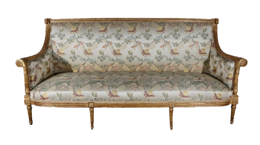 Galerie Gilles Linossier Estampillé Georges Jacob, marque du Château de Chanteloup, Canapé en bois doré, Époque Louis XVI, Hauteur : 100 cm ; Largeur : 214 cm ; Profondeur : 75 cm