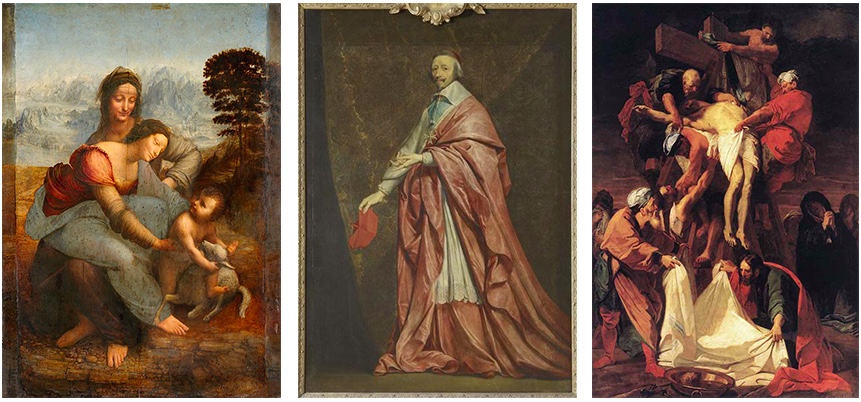 Links: Leonardo da Vinci, Anna Selbdritt, ca. 1510-13 | Abb. via Wikipedia Mitte: Philippe de Champaigne, Le Cardinal de Richelieu, ca. 1635 | Abb. via culture.gouv.fr Rechts: Jean Jouvenet, Kreuzabnahme, 1697 | Abb. via Wikipedia