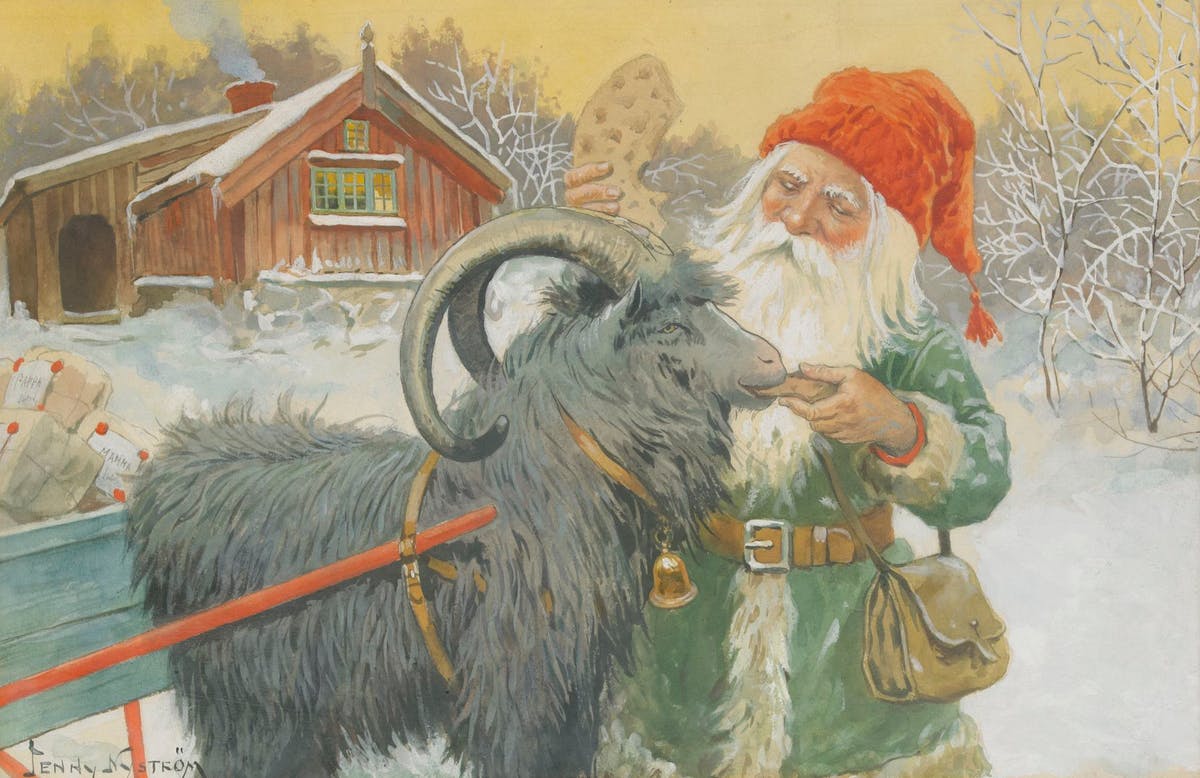 Jenny Nyström, Tomte med julklappar, akvarell. Såldes på Stockholms Auktionsverk 2012 för 95 000 kronor.