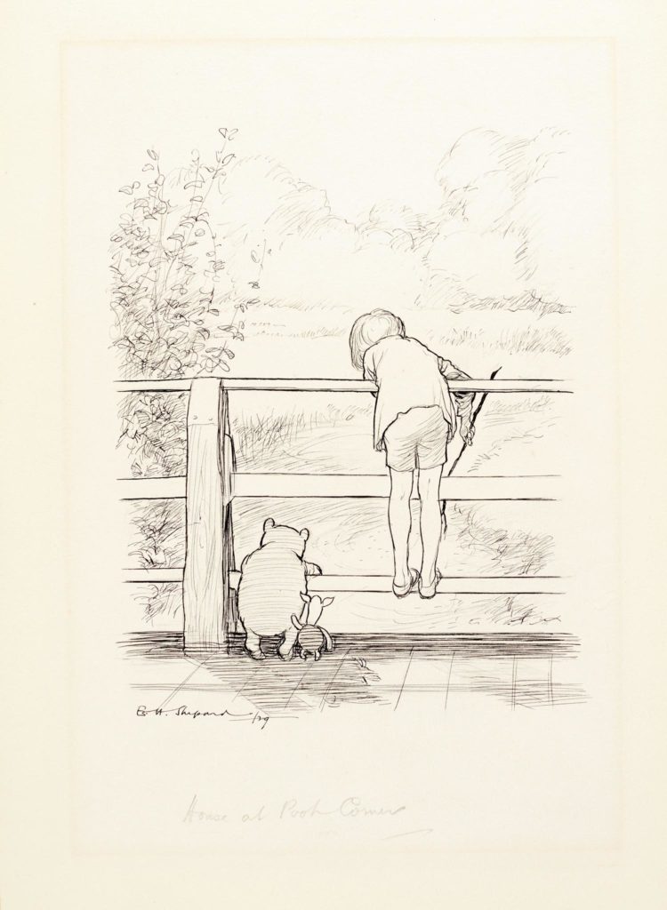 E.H. Shepard, « For a long time they looked at the river beneath them », issu de The House at the Pooh Corner, image ©Sotheby's