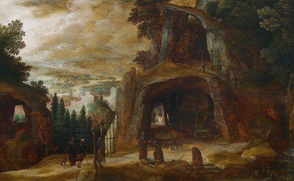 Josse de Momper, Landskap med människor framför en grotta, olja, 42 x 67,5 cm.