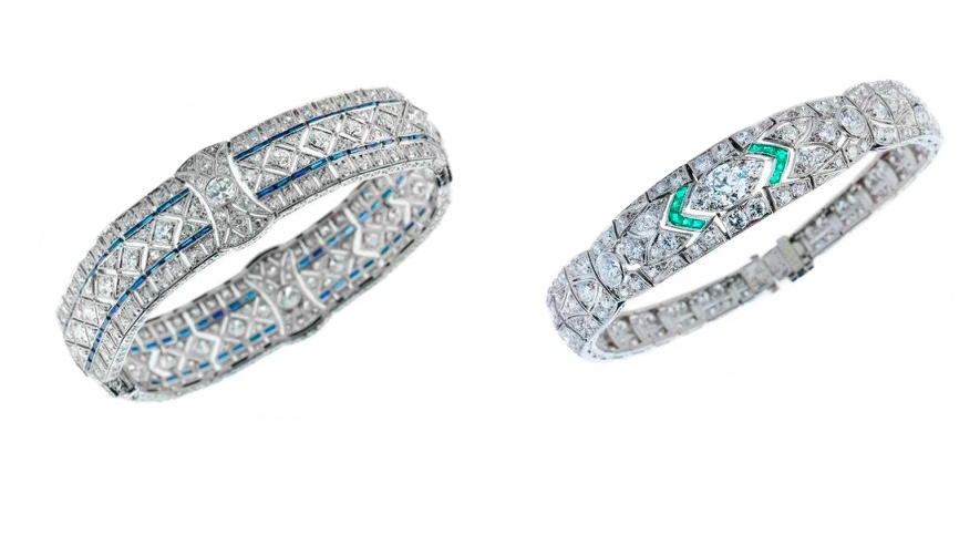 Links: Art déco-Armband aus Platin mit Diamanten und Saphiren, 1920 Rechts: Art déco-Armband aus Platin mit Diamanten und Smaragden, 1920