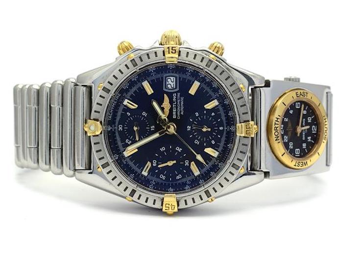 Hos Sefina Pantbank säljs en Breitling, Chronomat, Chronometre, “Tachymetre” med Rouleauxlänk i reseetui för 25 000 kronor