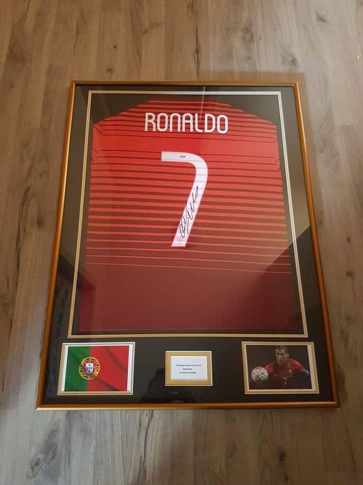 Signed and framed national team jersey by CRISTIANO RONALDO, 2015, with certificate