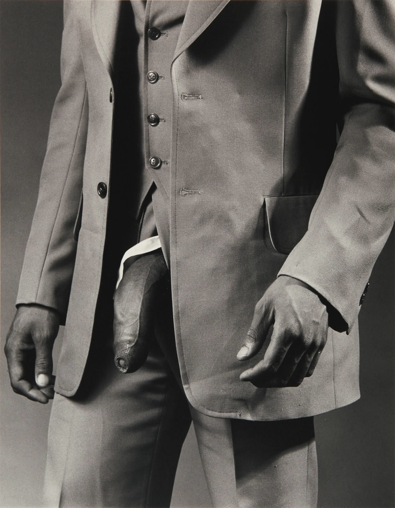 Robert Mapplethorpe, Man in Polyester Suit (1980) Image: courtesy of Sotheby's Robert Mapplethorpe, Man in Polyester Suit (1980) Image: courtesy of Sotheby's
