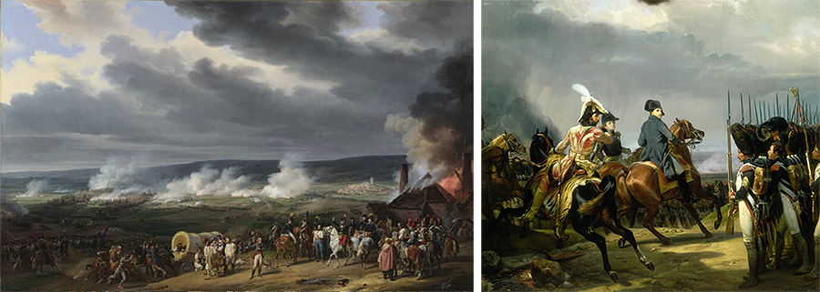 Werke von Horace Vernet. Links: Die Schlacht von Jemmapes, London, National Gallery. Rechts: Die Schlacht von Jena, Versailles, Musée National des Châteaux de Versailles et de Trianon