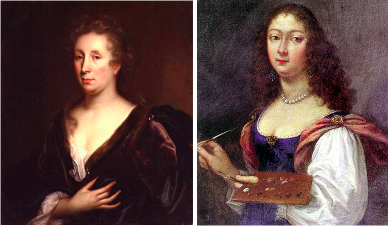 Links: Godfried Schalcken, Portrait Rachel Ruysch, vor 1706 Rechts: Elisabetta Sirani, Selbstportrait, um 1665