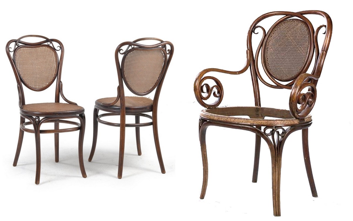 Izquierda: AUGUST THONET. Pareja de sillas Modelo nº 13 (c. 1862).
Derecha: THONET. Sillón Bentwood Modelo nº 22 en madera de haya curvada al vapor (1855-60).
