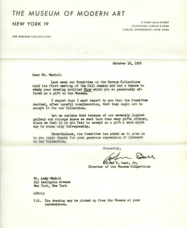 Der Brief des MoMA an Andy Warhol von 1956 Foto: MoMA