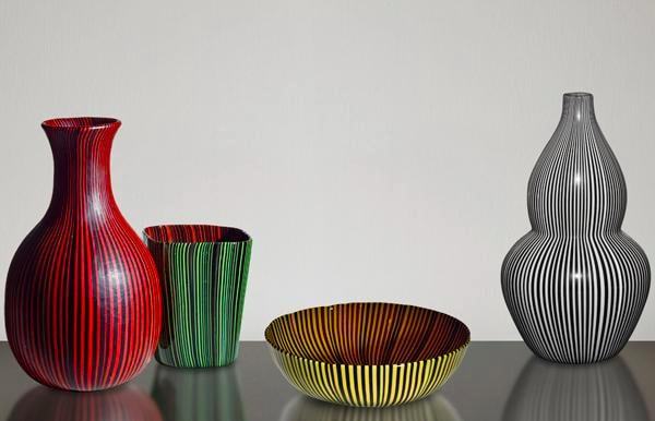 Rigati & Tessuti vaser, skål av Carlo Scarpa för Venini. Bild: panomo.co.uk