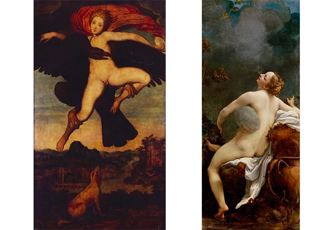 Links: Michelangelo Buonarroti, Die Vergewaltigung des Ganymed, ca. 1532 | Abb. via Royal Collection Trust Rechts: Antonio da Correggio, Jupiter und Io, 1531/32 | Abb. via Wikipedia