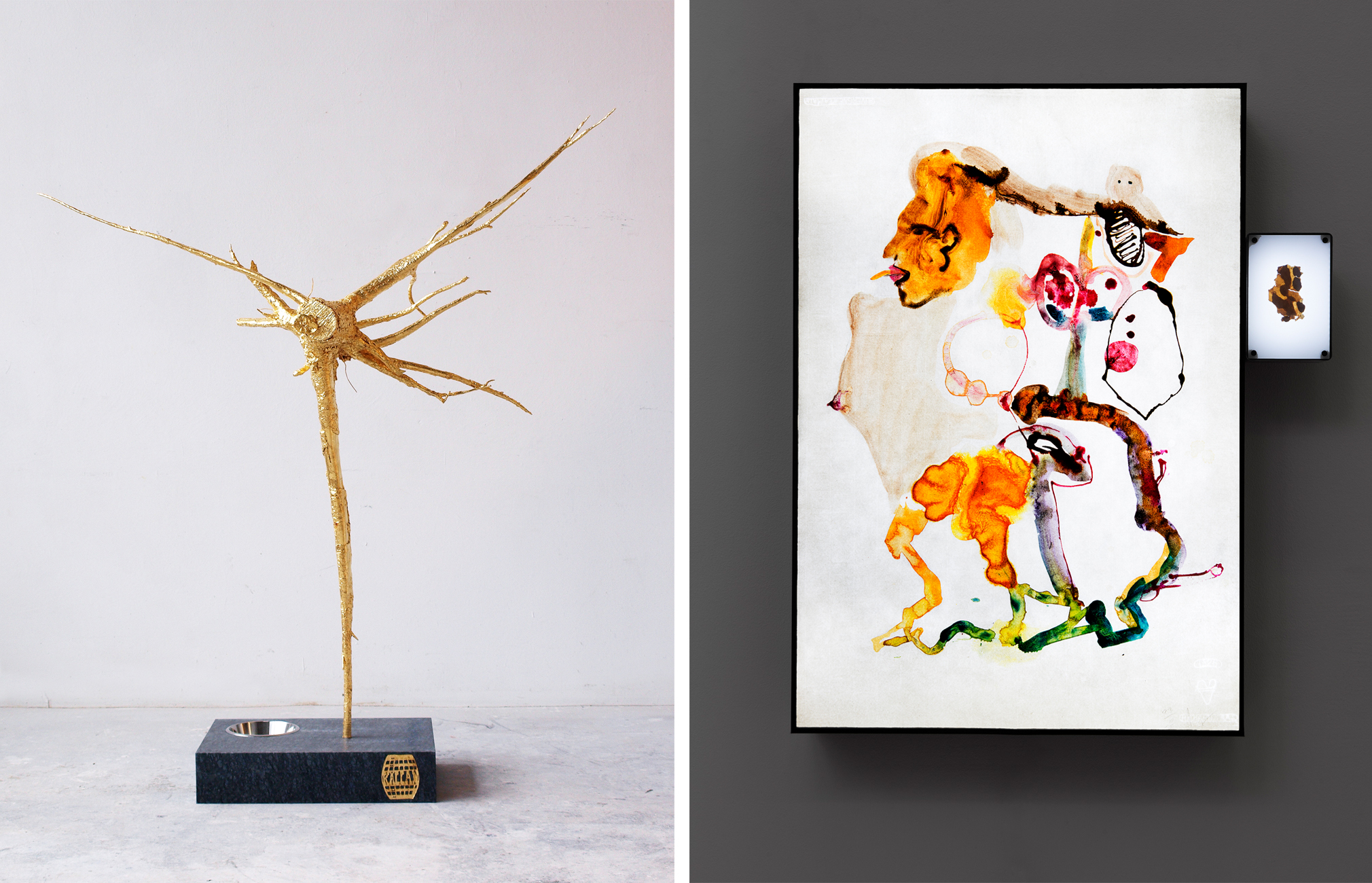 Vänster: Källan. 2019. 204 x 181 x 65 cm. Förgylld brons. Diabas. Rostfritt stål.
Höger: Barkteckning 1. 2019. 61 x 50 x 10 cm. Mixad media. Bomullspapper. Akryl. Elektrisk.