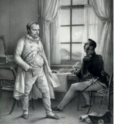 Portrait of Napoleon I on St Helena dictating his memoirs to general Gourgaud in a room, Charles de Steuben. 1830.