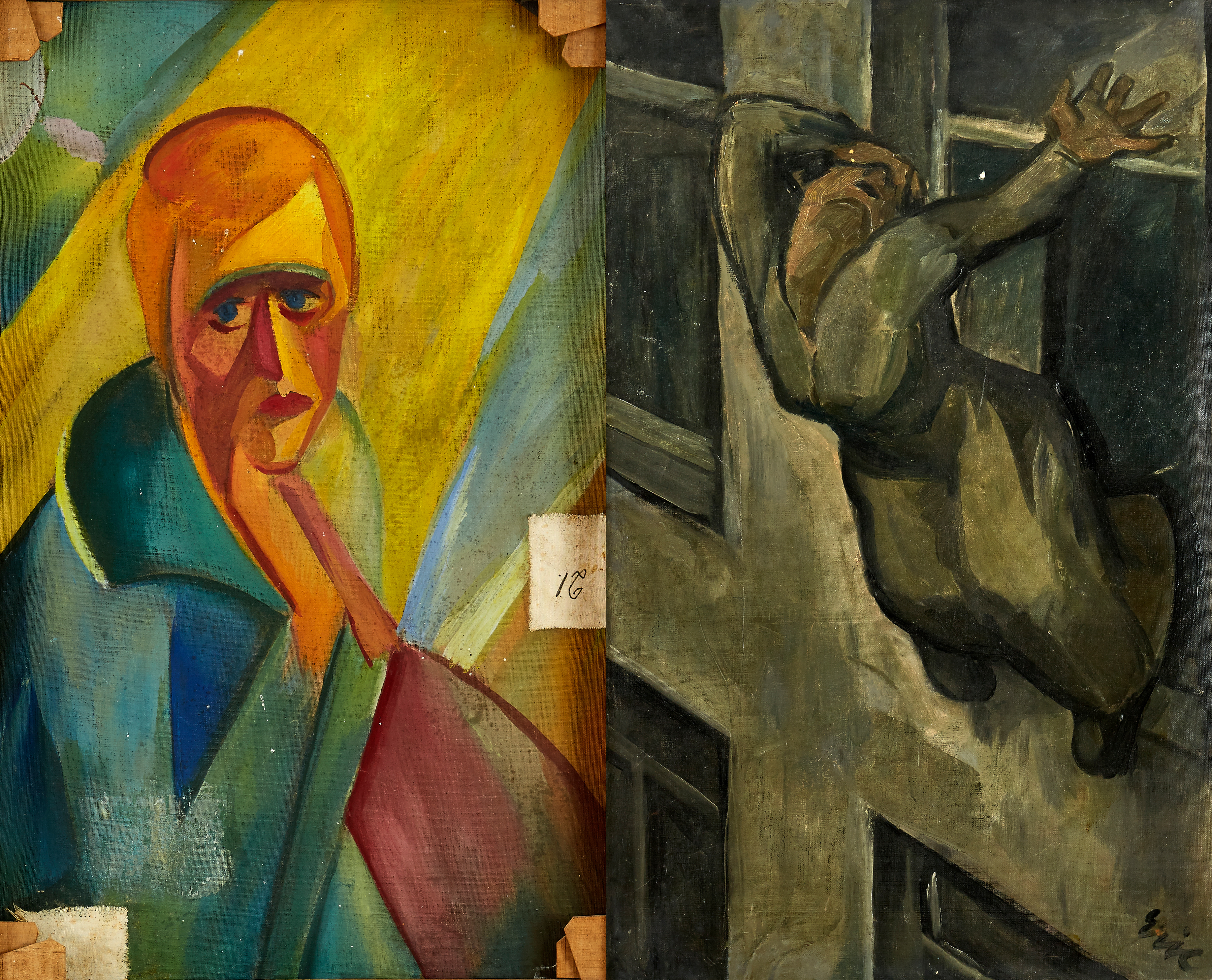 Expressionistiskt kvinnoporträtt och Självmörderskan, olja på duk, 1922. Två sidor av samma duk. Bild: Uppsala Auktionskammare