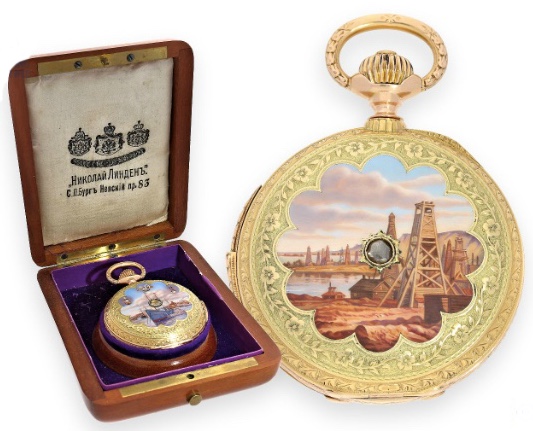 Bedeutende Taschenuhr aus Rosé- und Gelbgold mit Emaillemalerei, Nikolai Linden, St. Petersburg 1909